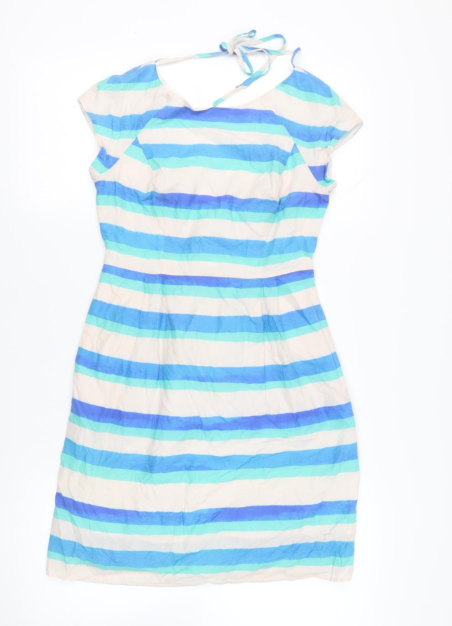 Oliver Bonas Womens Blue Striped Cotton A-Line Size 8 Boat Neck Zip