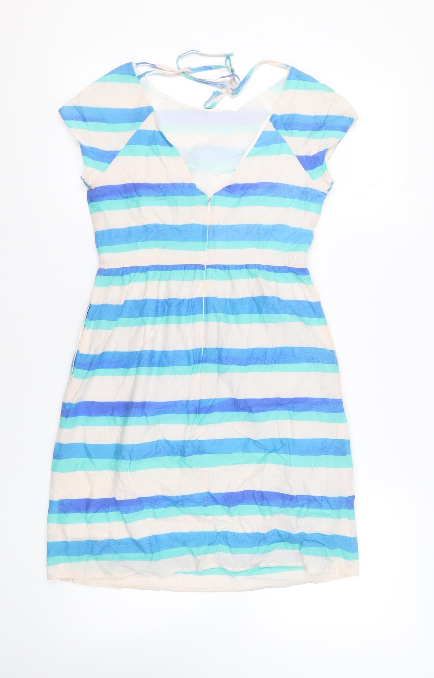 Oliver Bonas Womens Blue Striped Cotton A-Line Size 8 Boat Neck Zip