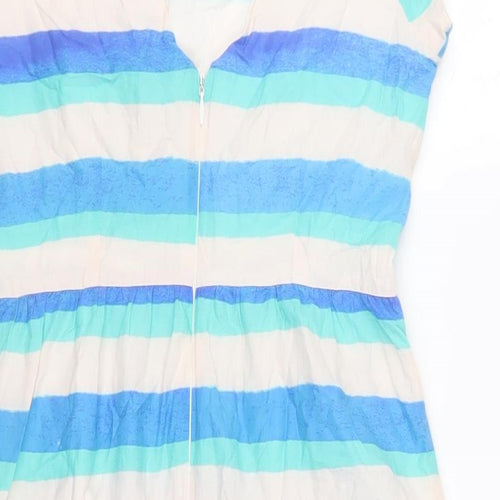 Oliver Bonas Womens Blue Striped Cotton A-Line Size 8 Boat Neck Zip