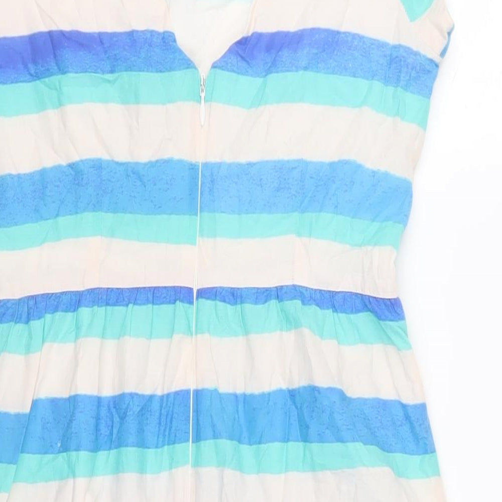 Oliver Bonas Womens Blue Striped Cotton A-Line Size 8 Boat Neck Zip