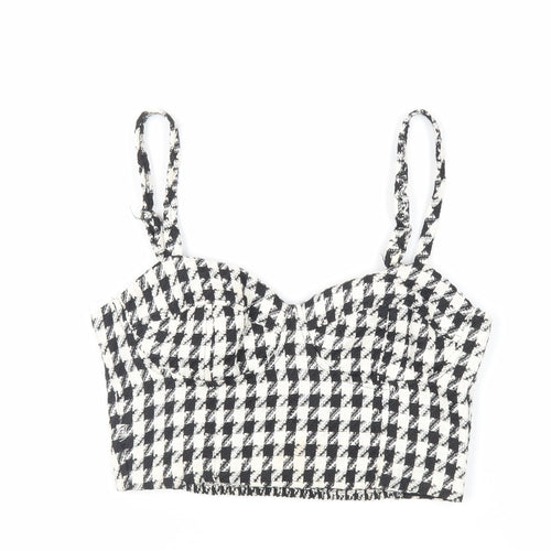 Stradivarius Womens Black Geometric Polyester Cropped Tank Size M Sweetheart - Shirred Back