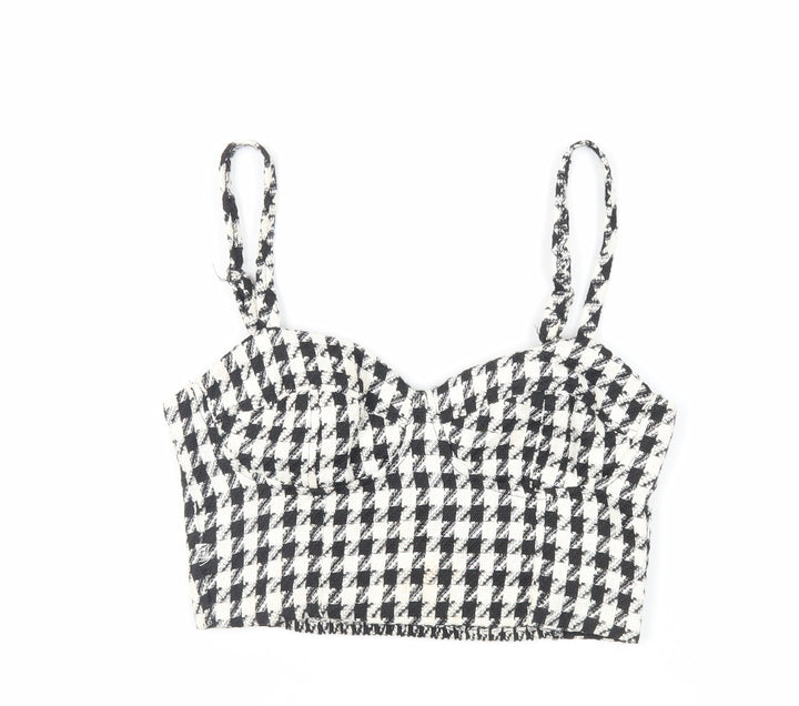 Stradivarius Womens Black Geometric Polyester Cropped Tank Size M Sweetheart - Shirred Back