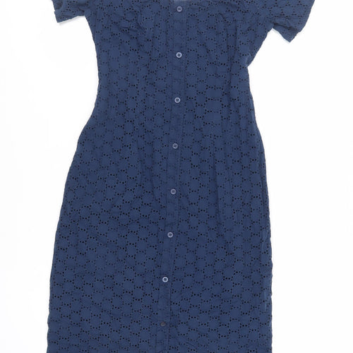 Bravissimo Womens Blue Cotton Pencil Dress Size 8 Off the Shoulder Button - Broderie Anglaise
