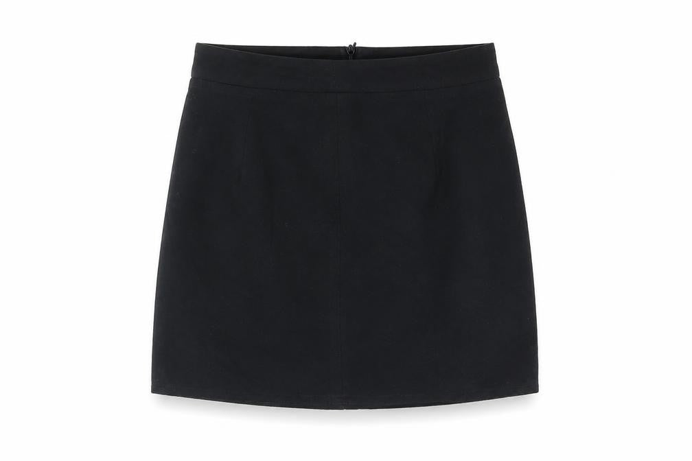 Front view of Hearts & Bows women’s black polyester mini skirt, size UK 4, zip