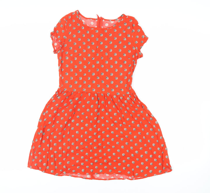New Look Girls Red Floral Viscose Fit & Flare Size 14 Years Round Neck Zip