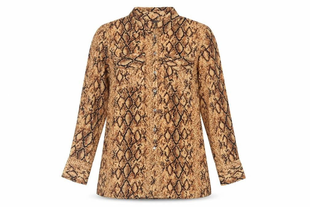 Front view of Lipsy women’s brown animal print polyester tunic button-up, size UK 10, collared - snake print