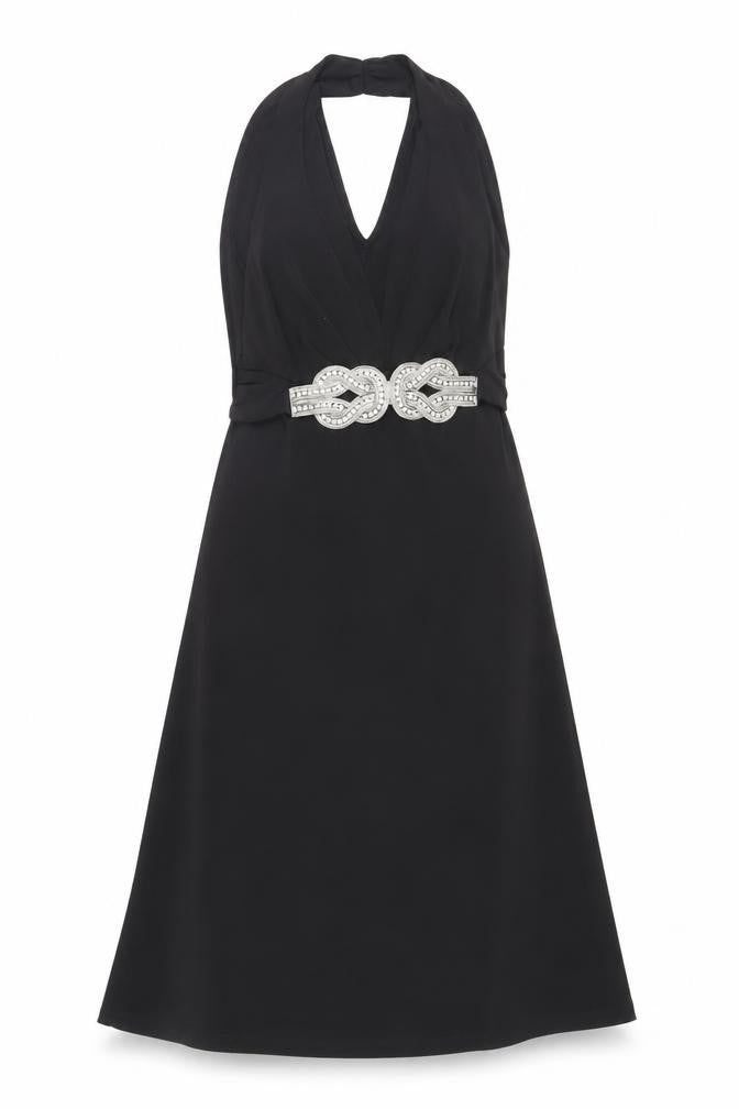 Front view of Julien Macdonald women’s black polyester a-line, size UK 10, halter pullover - embellished