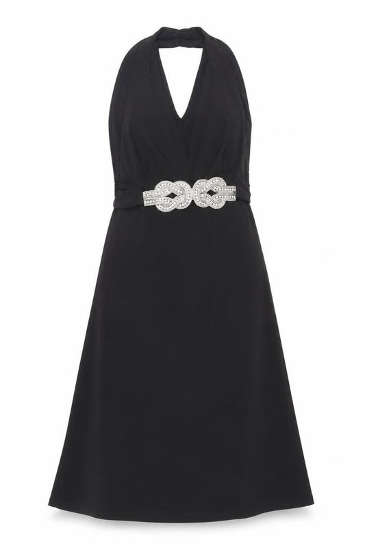 Front view of Julien Macdonald women’s black polyester a-line, size UK 10, halter pullover - embellished