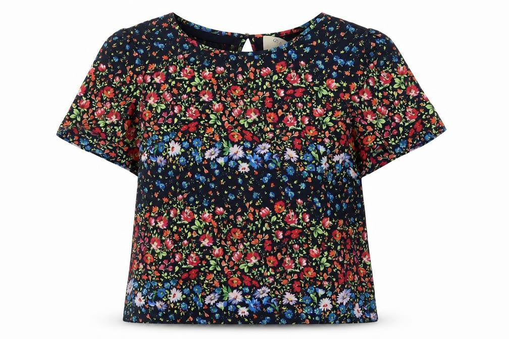 Front view of Oasis women’s blue floral polyester basic blouse, size M, boat neck