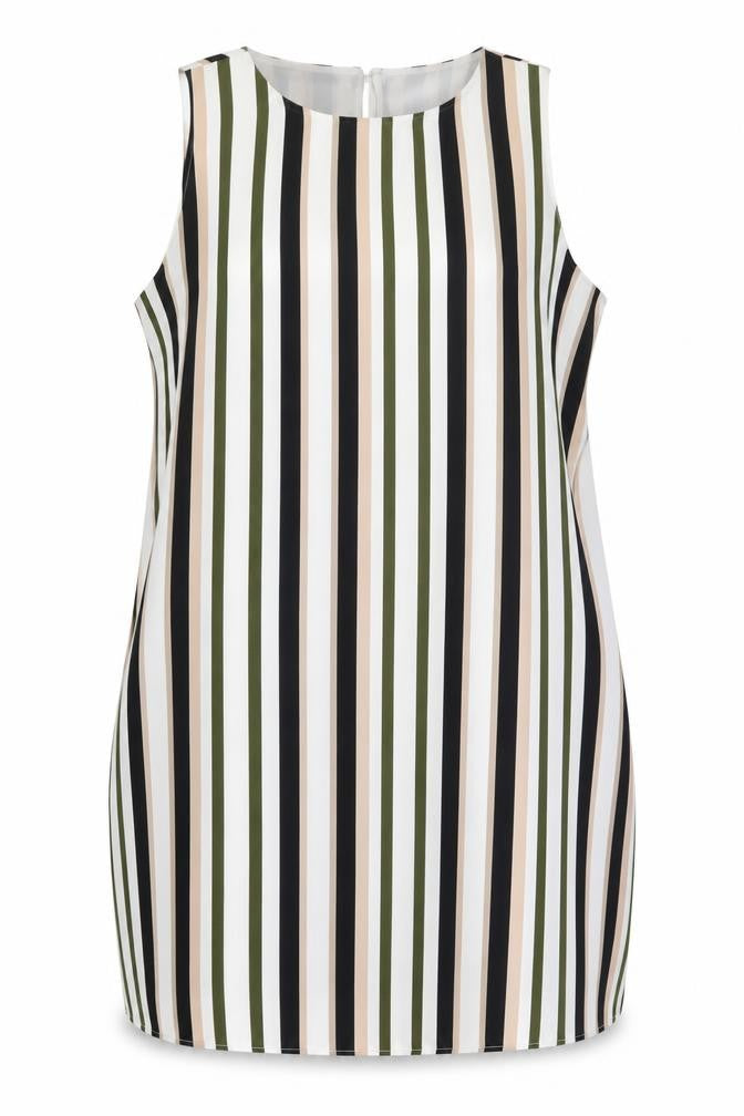 Front view of Dorothy Perkins women’s ivory striped polyester tunic blouse, size UK 20, round neck - side slits