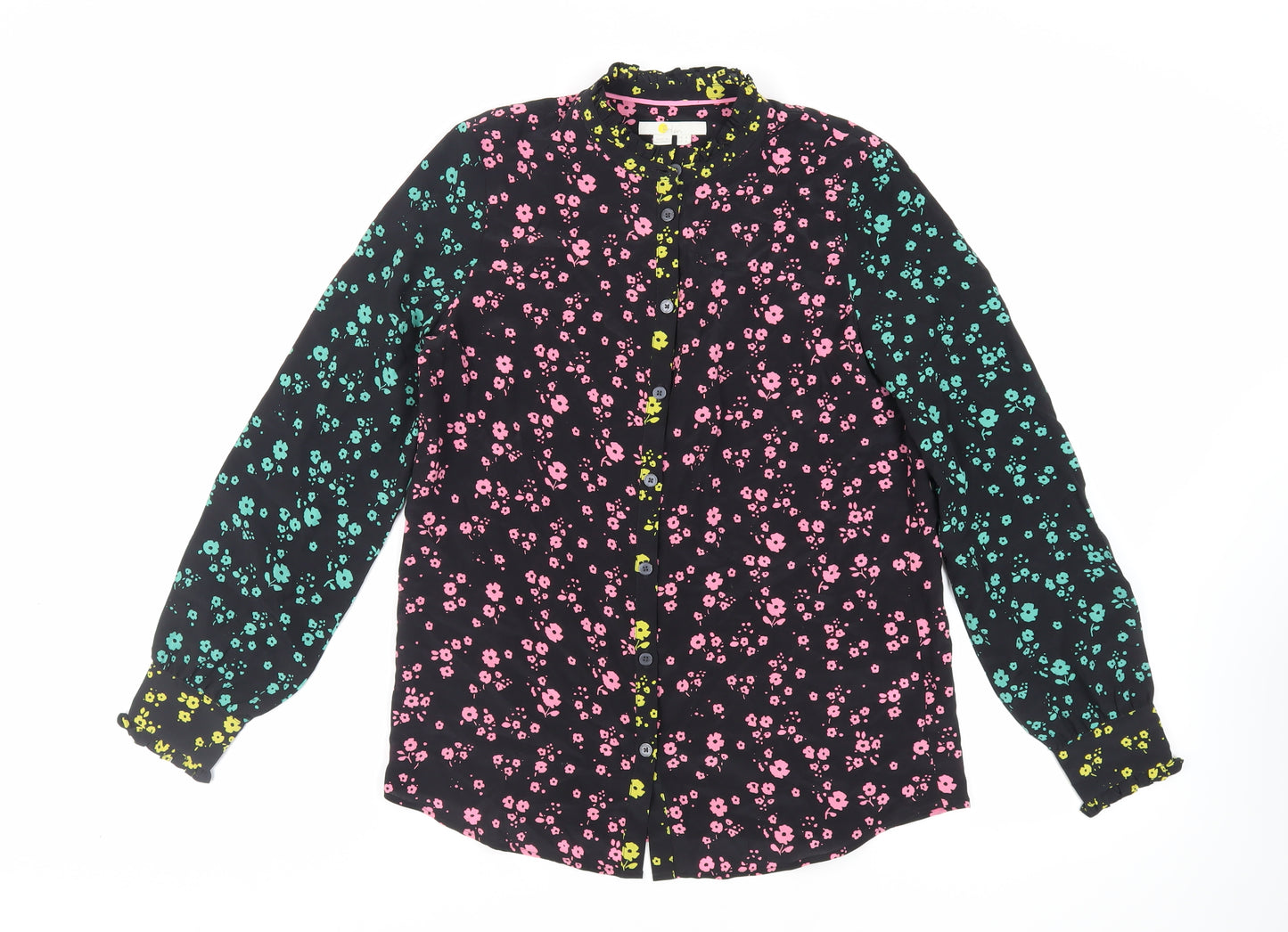 Boden Womens Black Floral Silk Basic Button-Up Size 8 Mock Neck