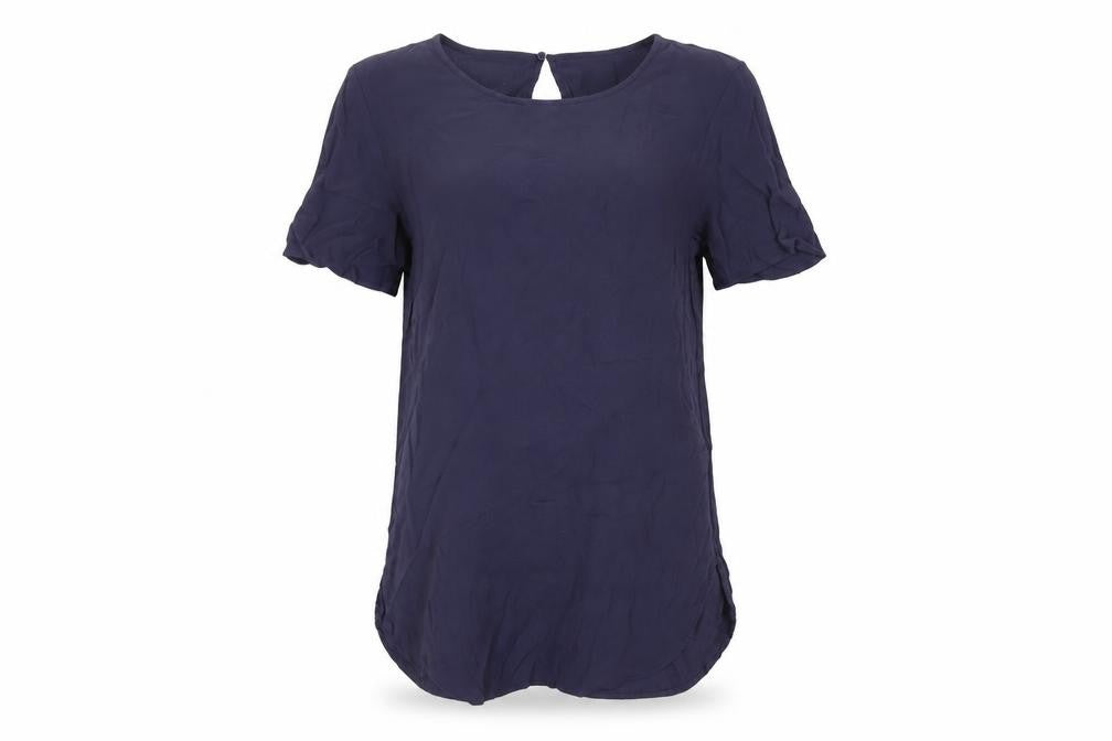 Front view of H&M women’s blue viscose basic blouse, size UK 8, round neck
