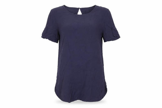 Front view of H&M women’s blue viscose basic blouse, size UK 8, round neck