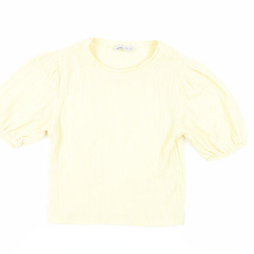 Pull&Bear Womens Yellow Polyester Basic Blouse Size S Crew Neck - Textured
