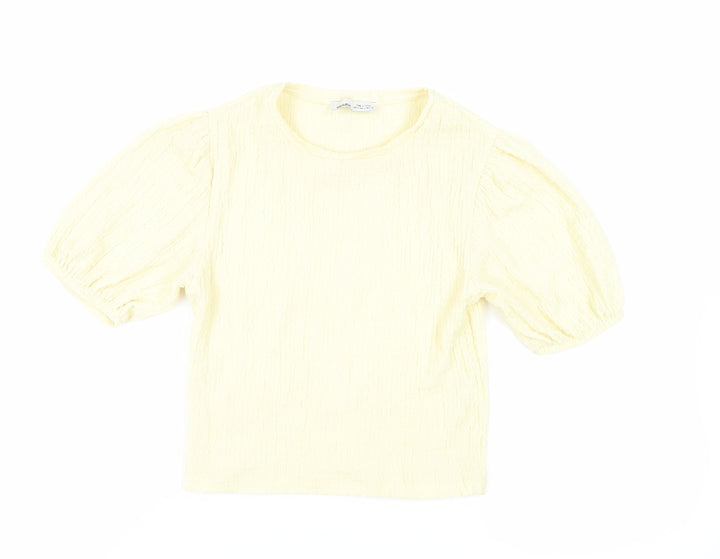 Pull&Bear Womens Yellow Polyester Basic Blouse Size S Crew Neck - Textured