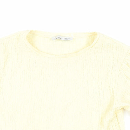 Pull&Bear Womens Yellow Polyester Basic Blouse Size S Crew Neck - Textured