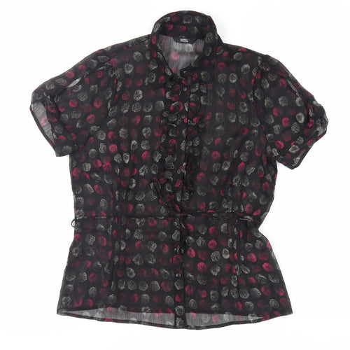 Marks and Spencer Womens Black Geometric Polyester Basic Button-Up Size 12 Collared - Sheer