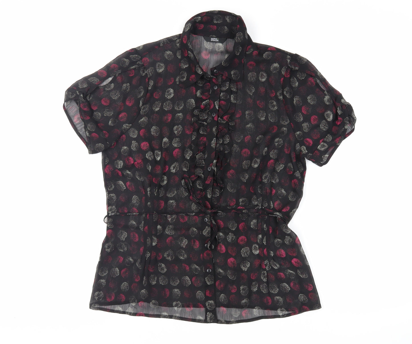 Marks and Spencer Womens Black Geometric Polyester Basic Button-Up Size 12 Collared - Sheer