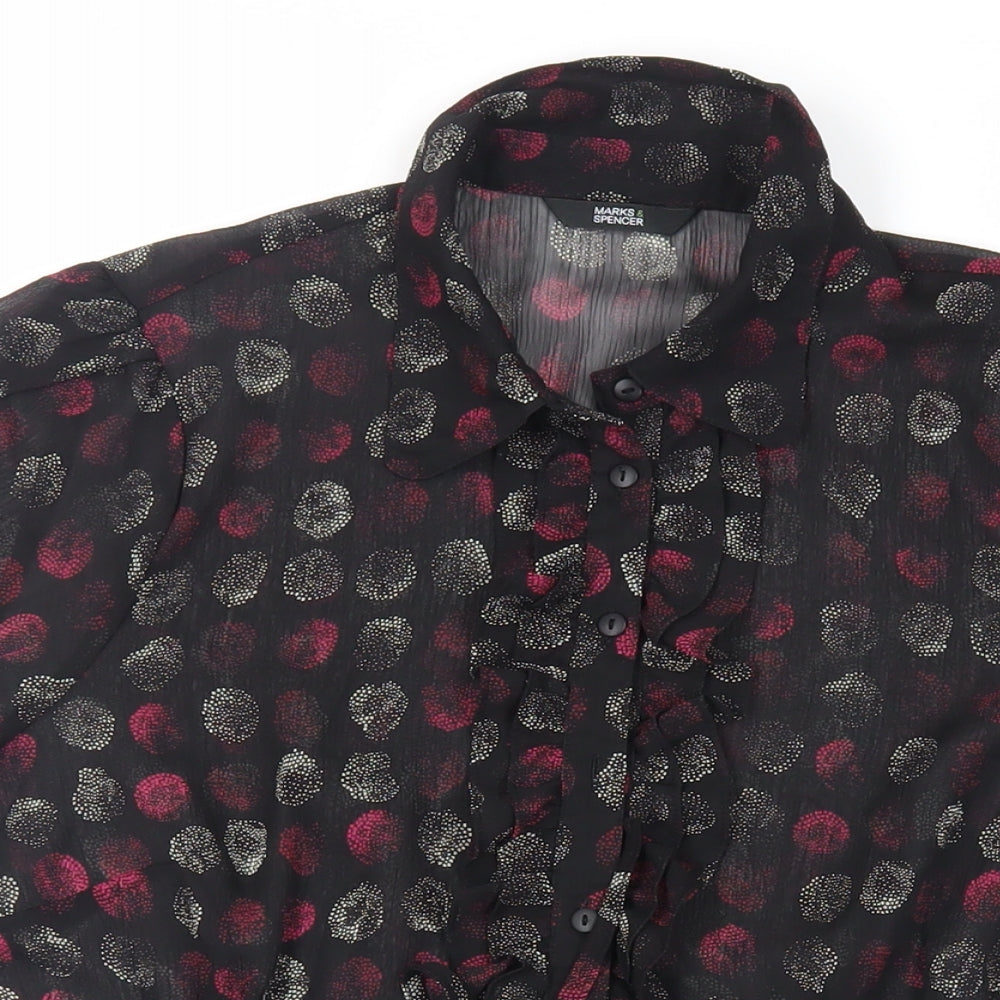 Marks and Spencer Womens Black Geometric Polyester Basic Button-Up Size 12 Collared - Sheer