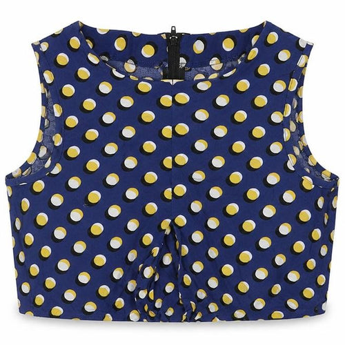Pop England Womens Blue Polka Dot Viscose Cropped Blouse Size M Round Neck