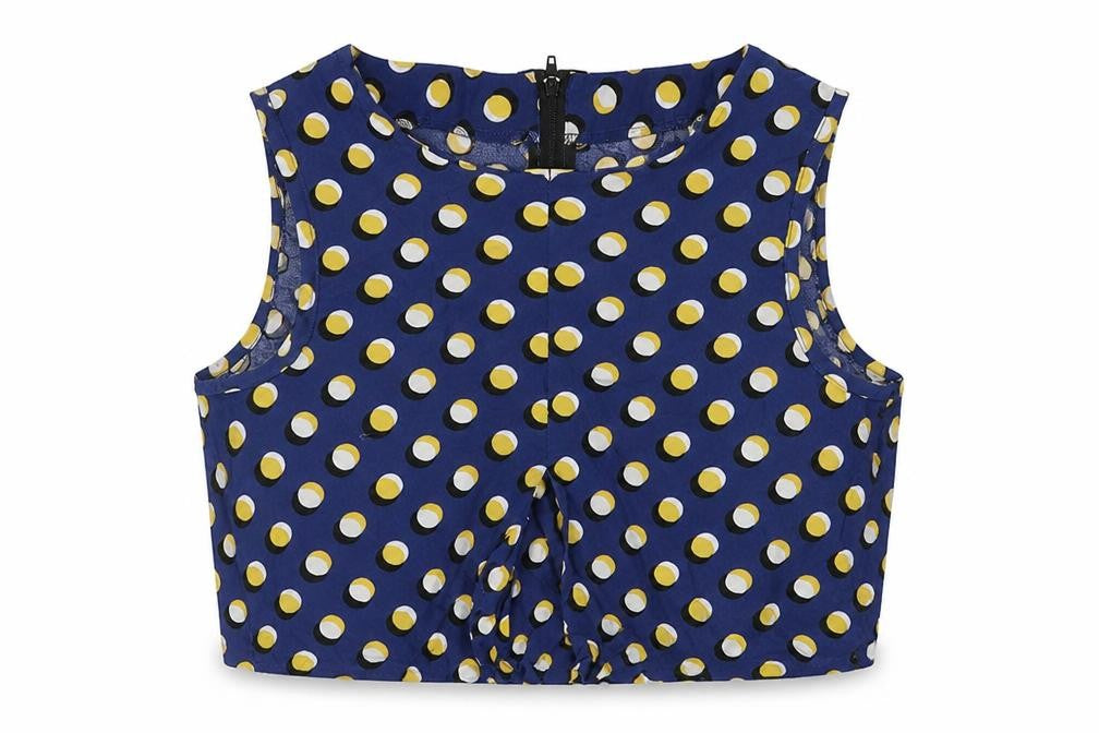 Pop England Womens Blue Polka Dot Viscose Cropped Blouse Size M Round Neck