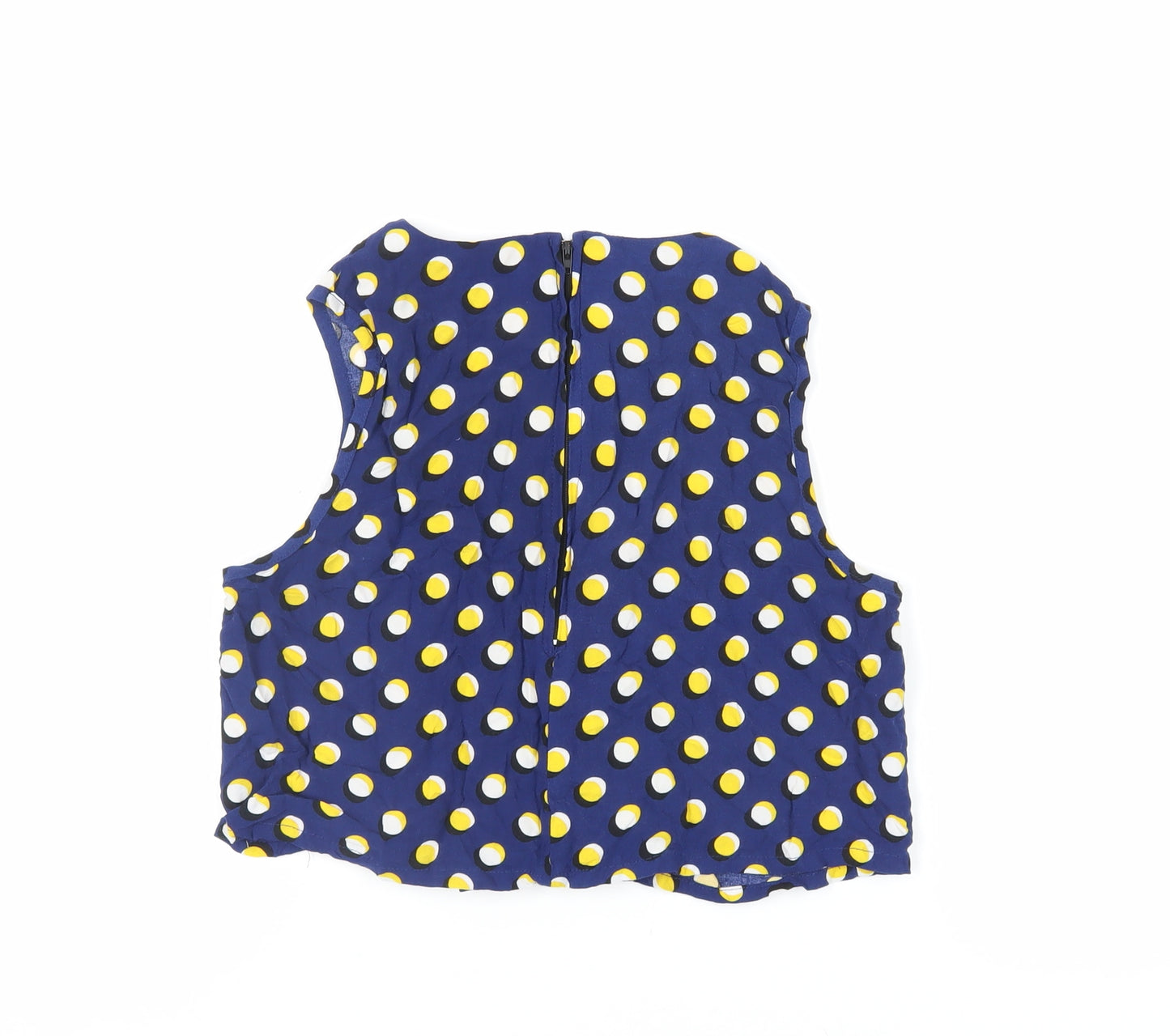 Pop England Womens Blue Polka Dot Viscose Cropped Blouse Size M Round Neck