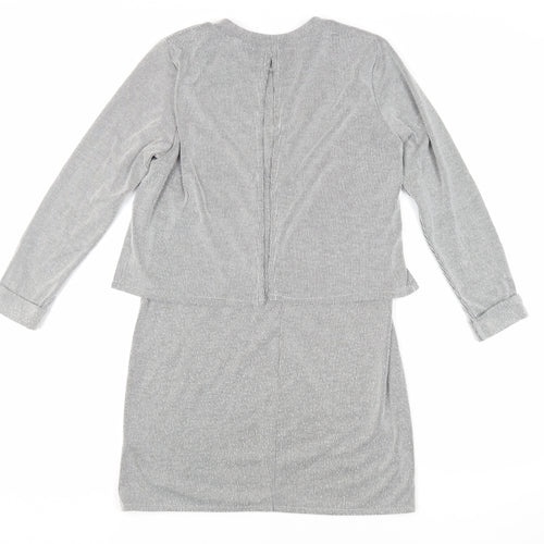Topshop Womens Grey Striped Acrylic Jumper Dress Size 8 Crew Neck Pullover - Layered