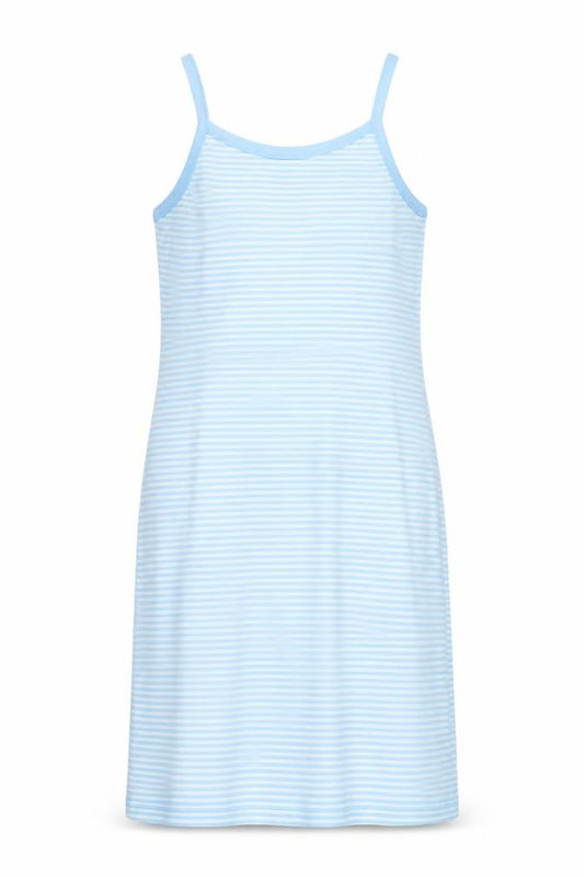 Front view of Joie De Vivre women’s blue striped cotton tank dress, size UK 10, scoop neck pullover