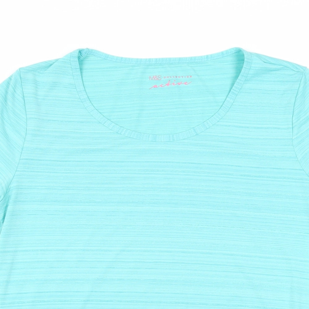 Marks and Spencer Womens Green Striped Polyester Basic T-Shirt Size 8 Round Neck - Gym Workout Running