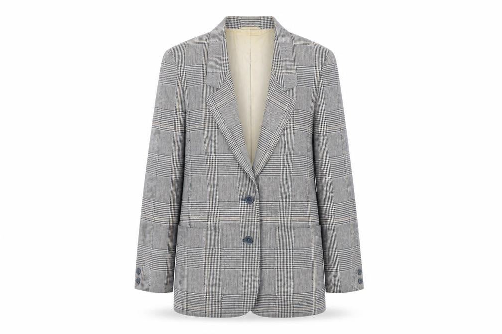 Front view of St Michael women’s grey plaid jacket blazer, size UK 10, button - vintage