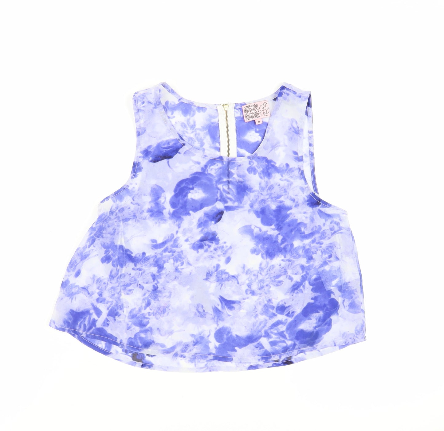 Neon Rose Womens Blue Floral Polyester Cropped Tank Size 8 Round Neck - Sheer