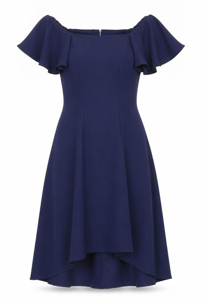 Front view of Coast women’s blue polyester fit & flare, size UK 6, off the shoulder zip