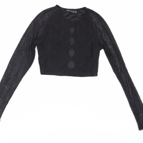 PRETTYLITTLETHING Womens Black Polyester Cropped Blouse Size 8 Crew Neck - Textured