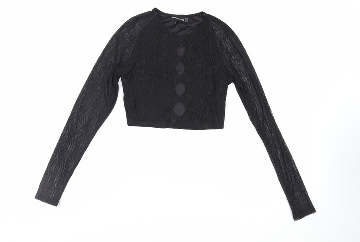 PRETTYLITTLETHING Womens Black Polyester Cropped Blouse Size 8 Crew Neck - Textured