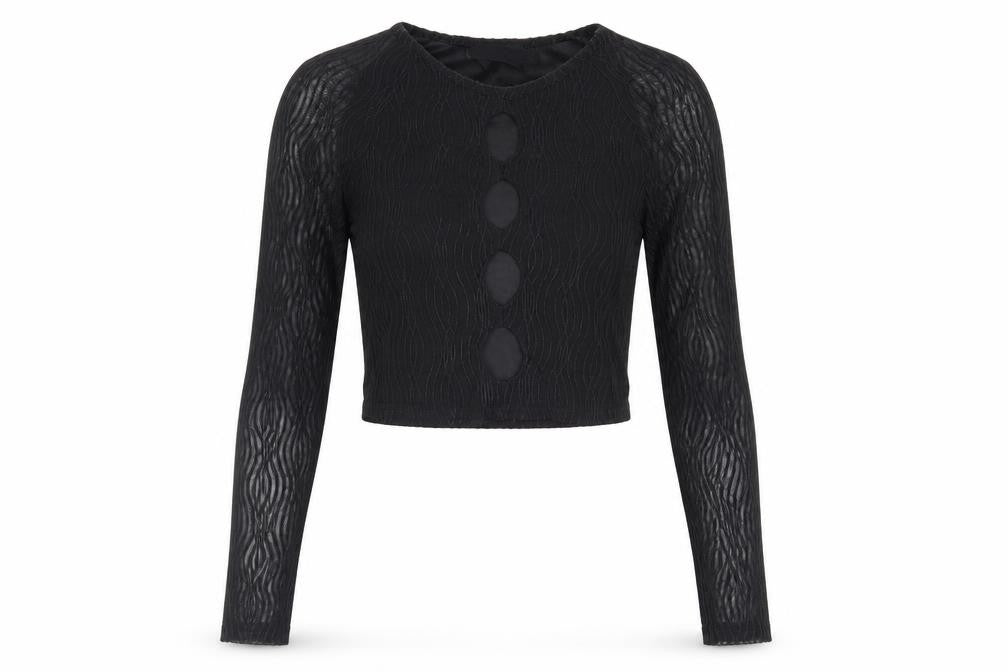 Front view of PRETTYLITTLETHING women’s black polyester cropped blouse, size UK 8, crew neck - textured
