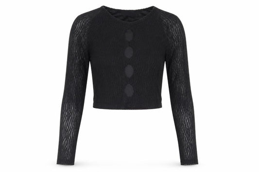 Front view of PRETTYLITTLETHING women’s black polyester cropped blouse, size UK 8, crew neck - textured