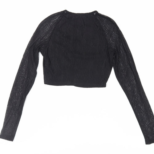 PRETTYLITTLETHING Womens Black Polyester Cropped Blouse Size 8 Crew Neck - Textured