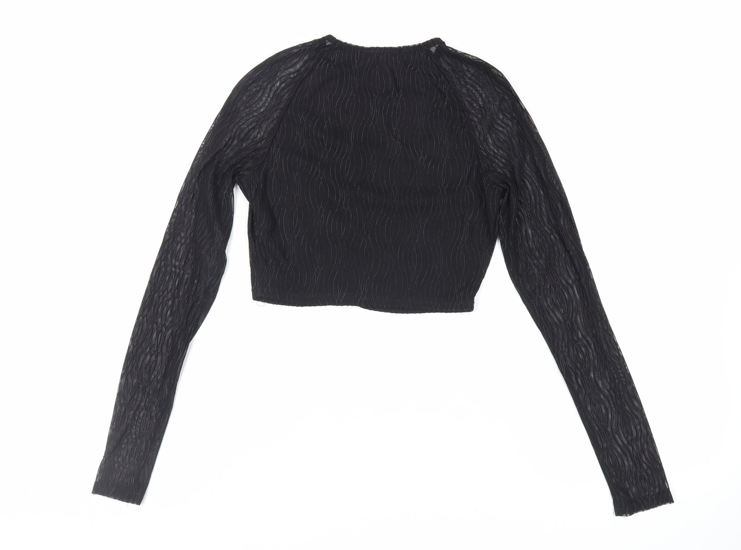 PRETTYLITTLETHING Womens Black Polyester Cropped Blouse Size 8 Crew Neck - Textured