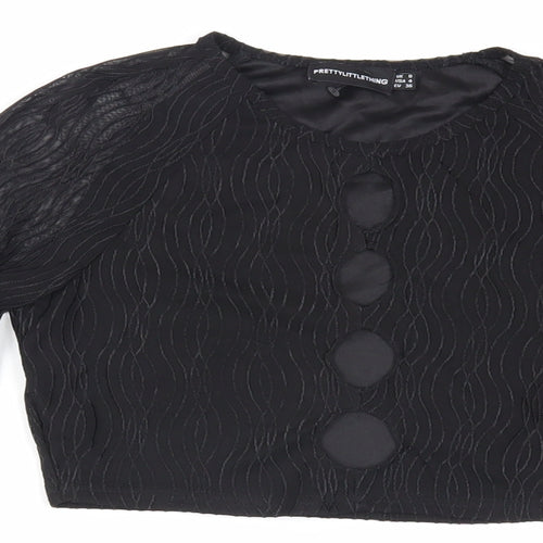 PRETTYLITTLETHING Womens Black Polyester Cropped Blouse Size 8 Crew Neck - Textured