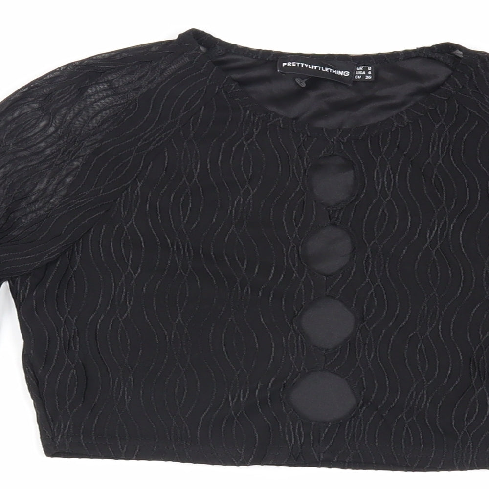 PRETTYLITTLETHING Womens Black Polyester Cropped Blouse Size 8 Crew Neck - Textured
