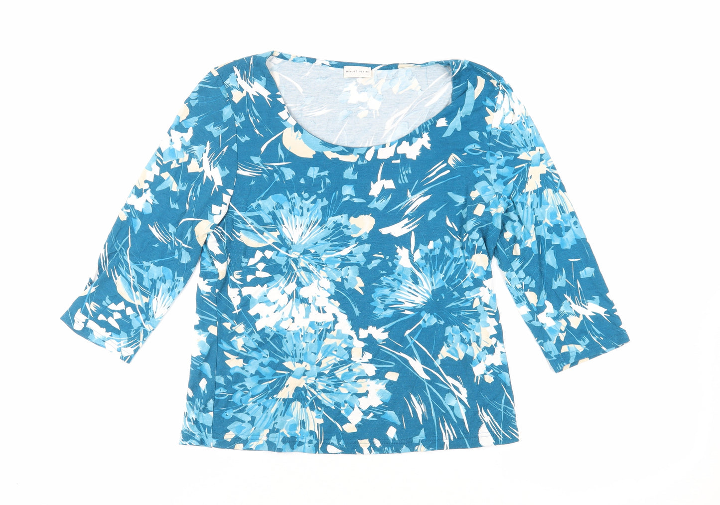 Minuet Womens Blue Geometric Viscose Basic T-Shirt Size M Boat Neck