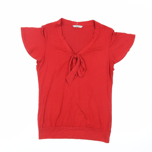 Marks and Spencer Womens Red Viscose Basic T-Shirt Size 10 V-Neck - Tie Neckline Detail