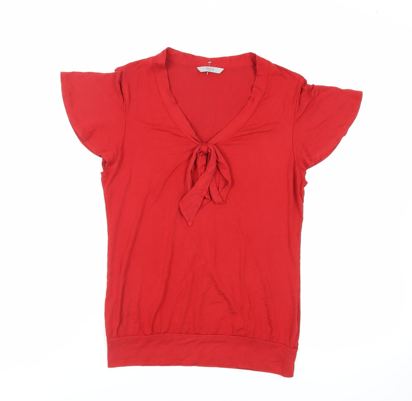 Marks and Spencer Womens Red Viscose Basic T-Shirt Size 10 V-Neck - Tie Neckline Detail