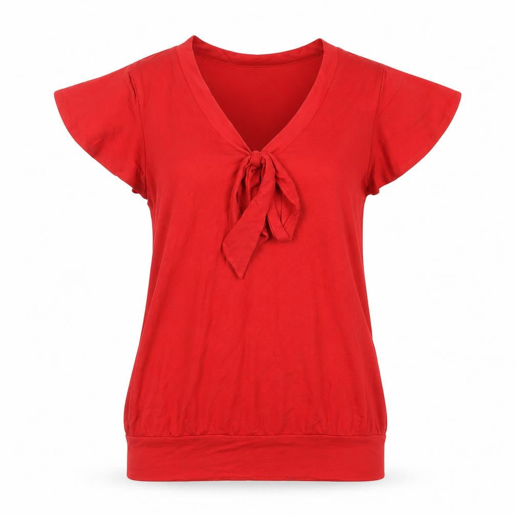 Marks and Spencer Womens Red Viscose Basic T-Shirt Size 10 V-Neck - Tie Neckline Detail