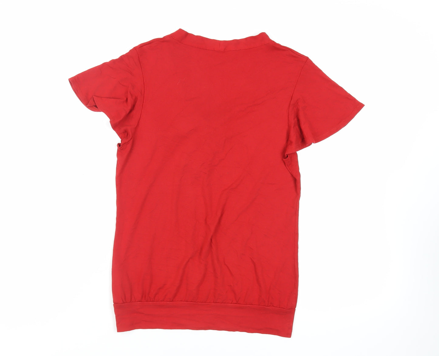 Marks and Spencer Womens Red Viscose Basic T-Shirt Size 10 V-Neck - Tie Neckline Detail
