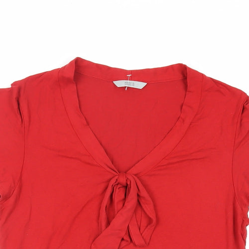 Marks and Spencer Womens Red Viscose Basic T-Shirt Size 10 V-Neck - Tie Neckline Detail