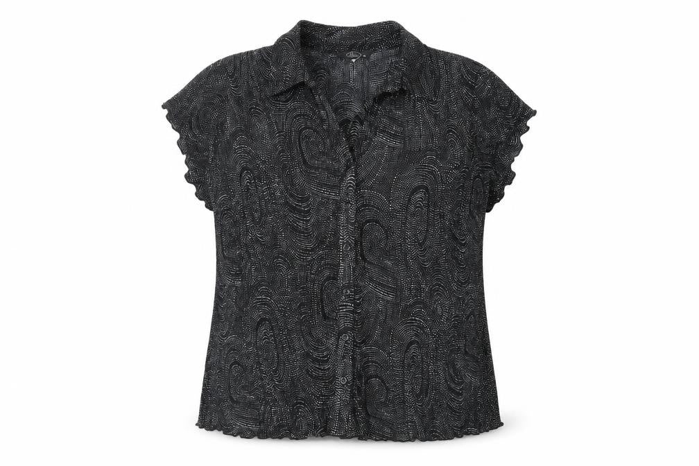Front view of Bonmarché women’s black geometric polyester basic button-up, size UK 24, collared