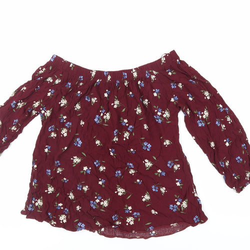 Select Womens Red Floral Viscose Basic Blouse Size 8 Off the Shoulder