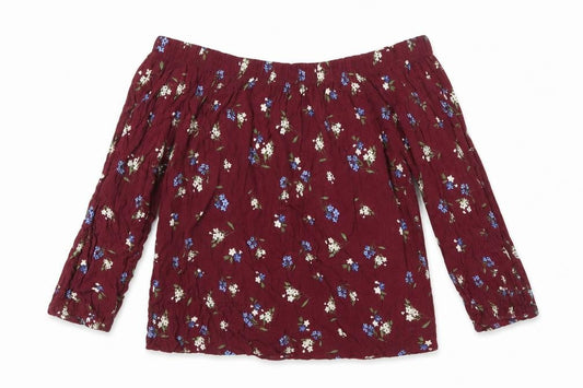 Front view of Select women’s red floral viscose basic blouse, size UK 8, off the shoulder