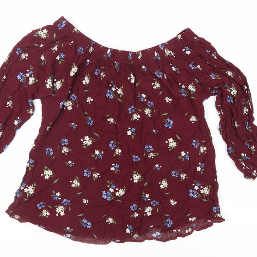 Select Womens Red Floral Viscose Basic Blouse Size 8 Off the Shoulder